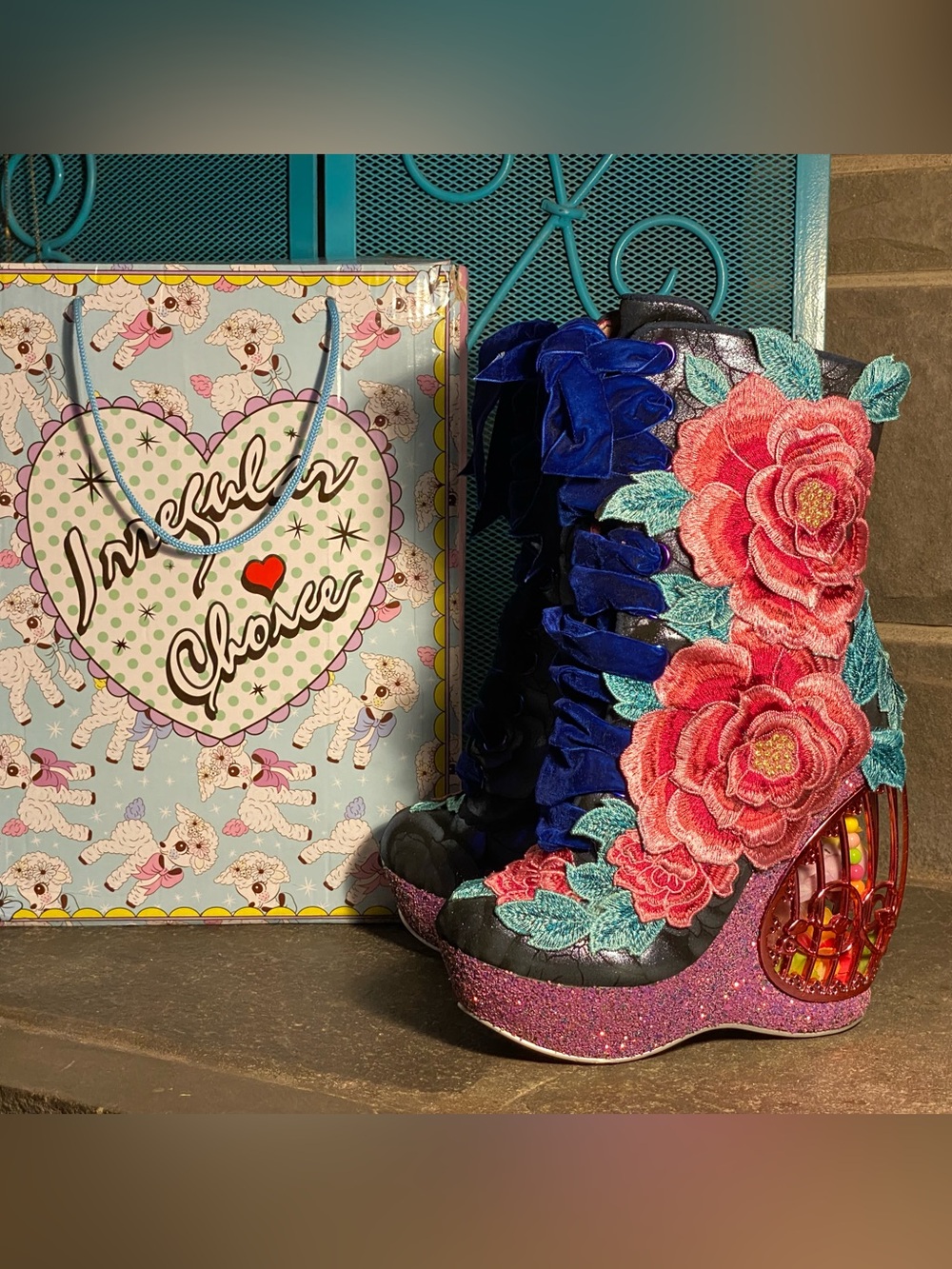 RARE HTF Irregular Choice MAYA boots, birdcage heels,floral appliqués,w/box 8